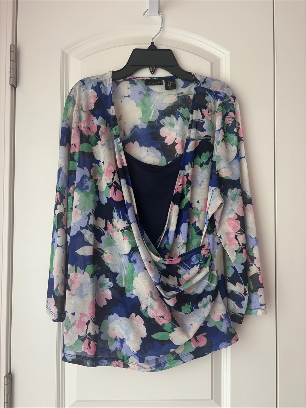 Tahari Floral Draped Navy, Pink & Green Women’s Top Size XL